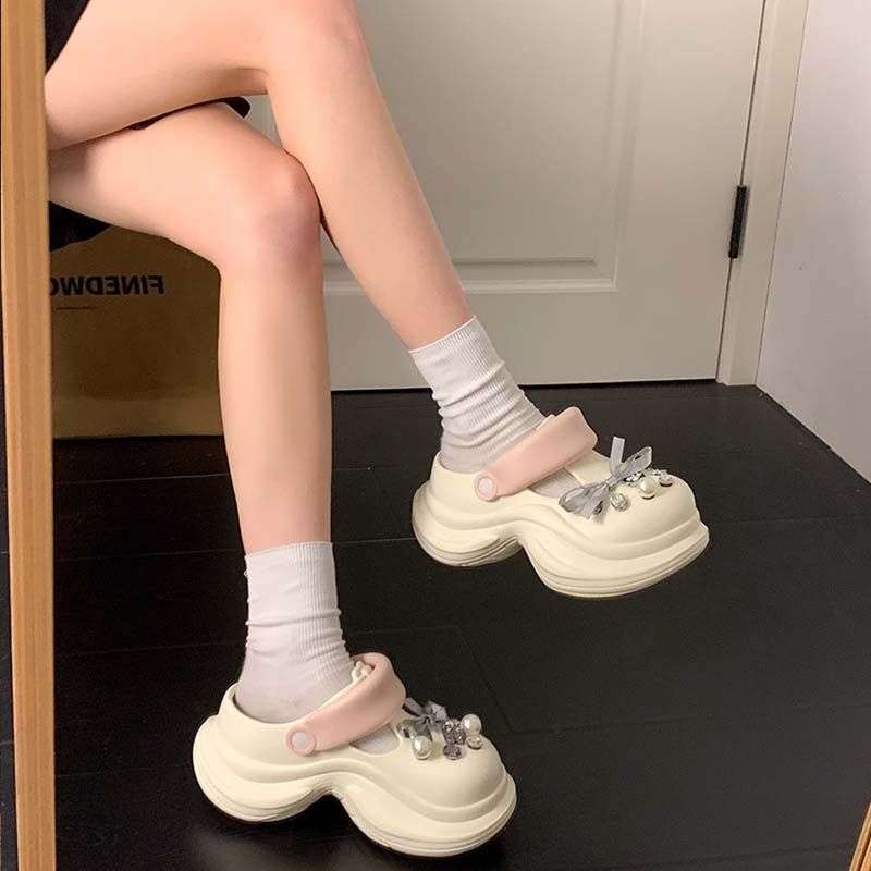 Sweet Bow Platform Hole Shoes Women's Spring and Summer 2025 New Outer Wear Heightening Rhinestone Bag Head Half Slippers