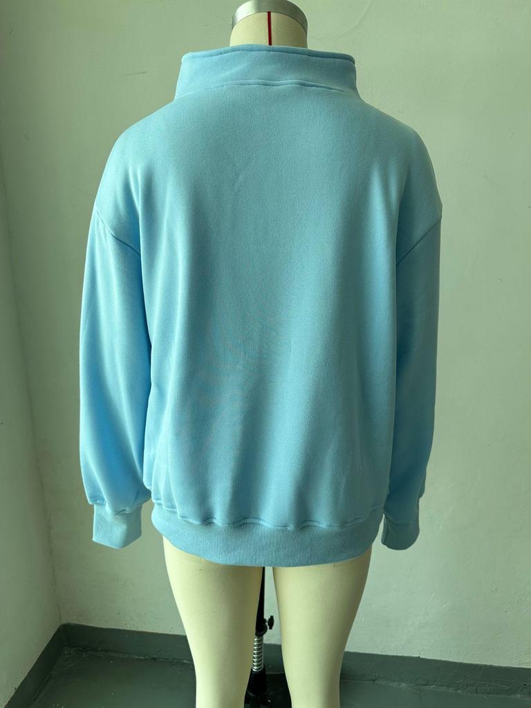 2026 Women's Stand Collar Fleece Hoodie with Pockets, Autumn-Winter Casual Loose Fit, Solid Color Ribbed Top.