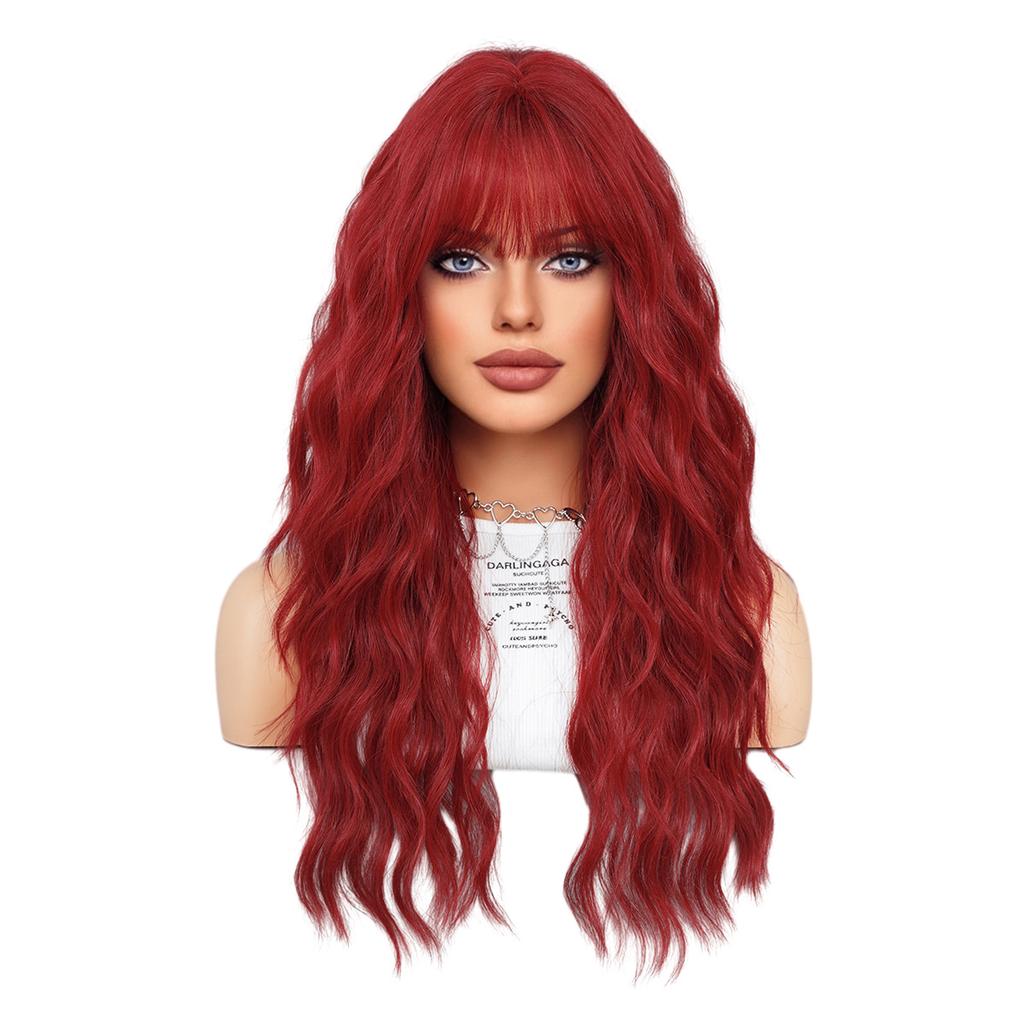 European and  American Style Women’s Fashion Red Curly Wig Full Wig with Blunt Bangs Long Wavy Wig