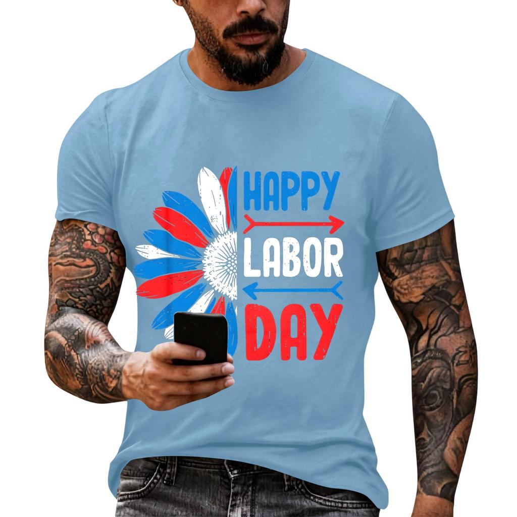 Men's Casual Loose Fit Short Sleeve T-Shirt Crew Neck Printed Graphic Tee for Labor Day Celebration Comfortable Everyday Wear