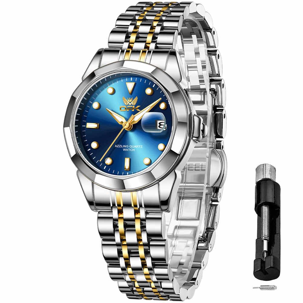 OPK Quartz Watch Easy to Date Water Stainless Steel Band Blue Gold Women's - Fashionable, Popular, Casual, Stylish, Lightweight, Read, Display,