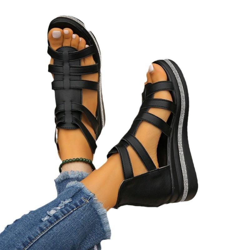 Spring and summer new fish mouth wedge heel platform women's sandals rhinestone hollow muffin round head sandals women