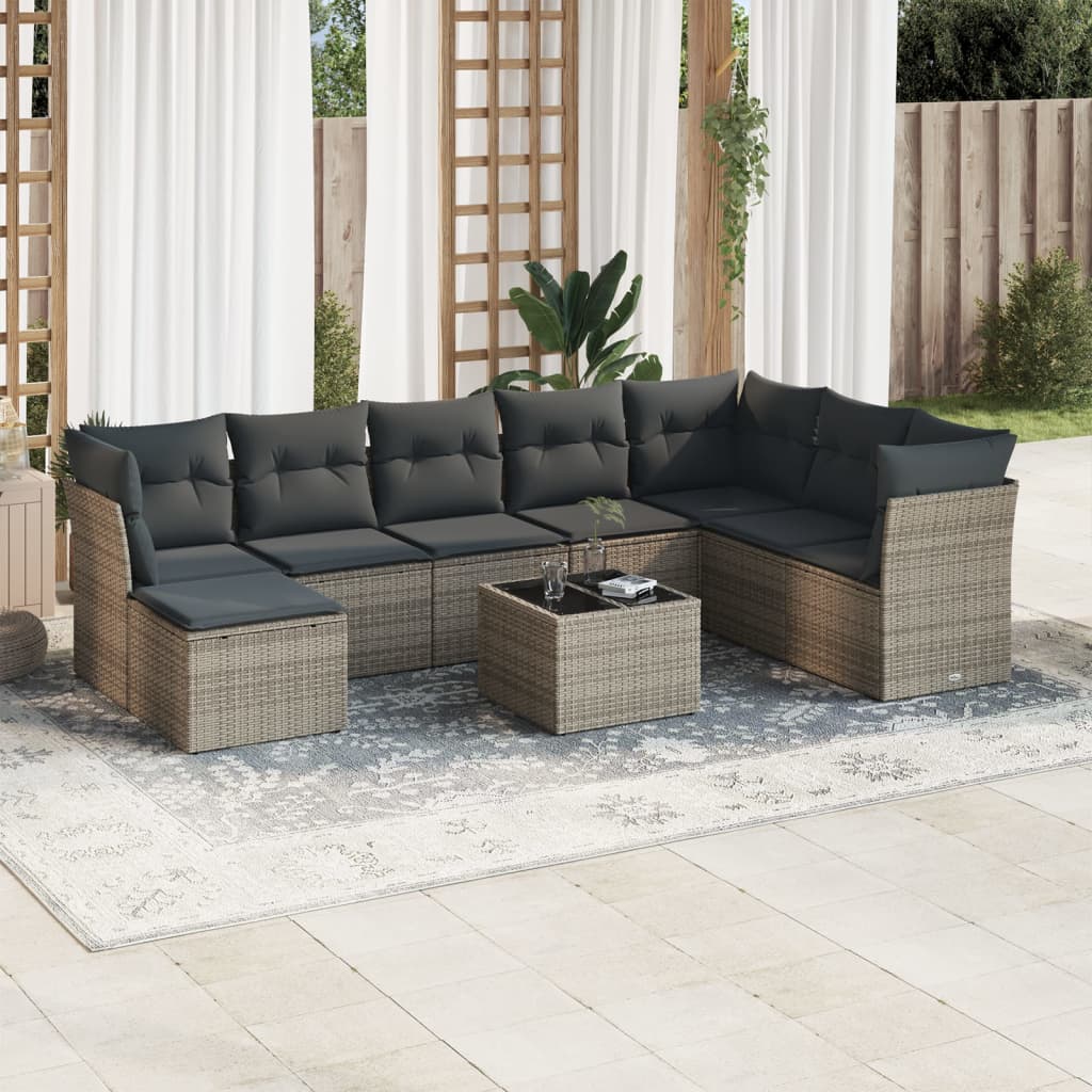 Vidaxl 9-Cz. Garden Furniture Set With Cushions, Grey, Poly Rattan