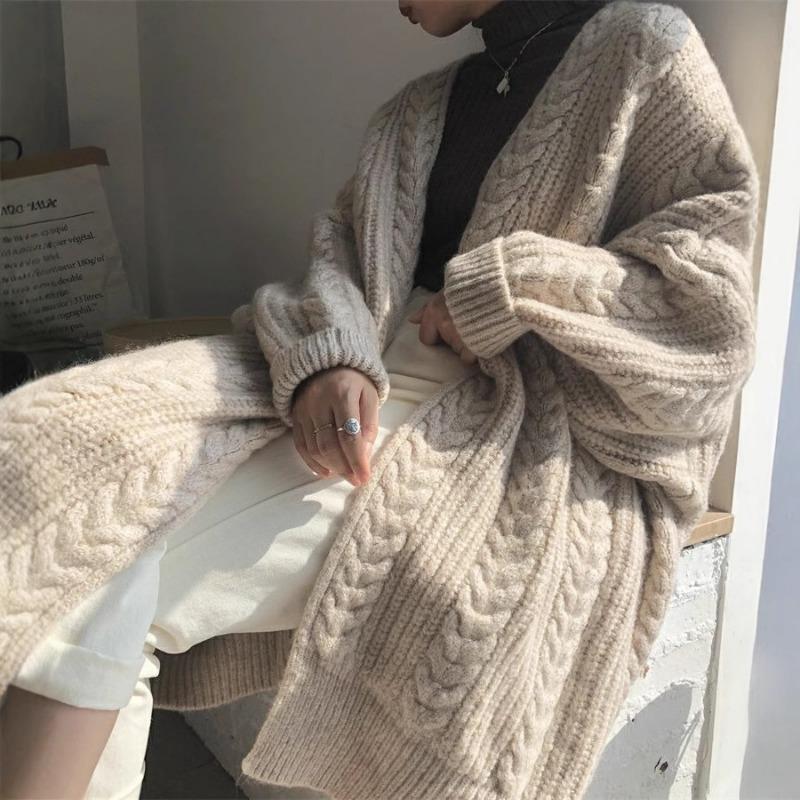 Autumn and winter new outer wear knitted cardigan retro fashion simple thickened loose twist long women's sweater jacket women