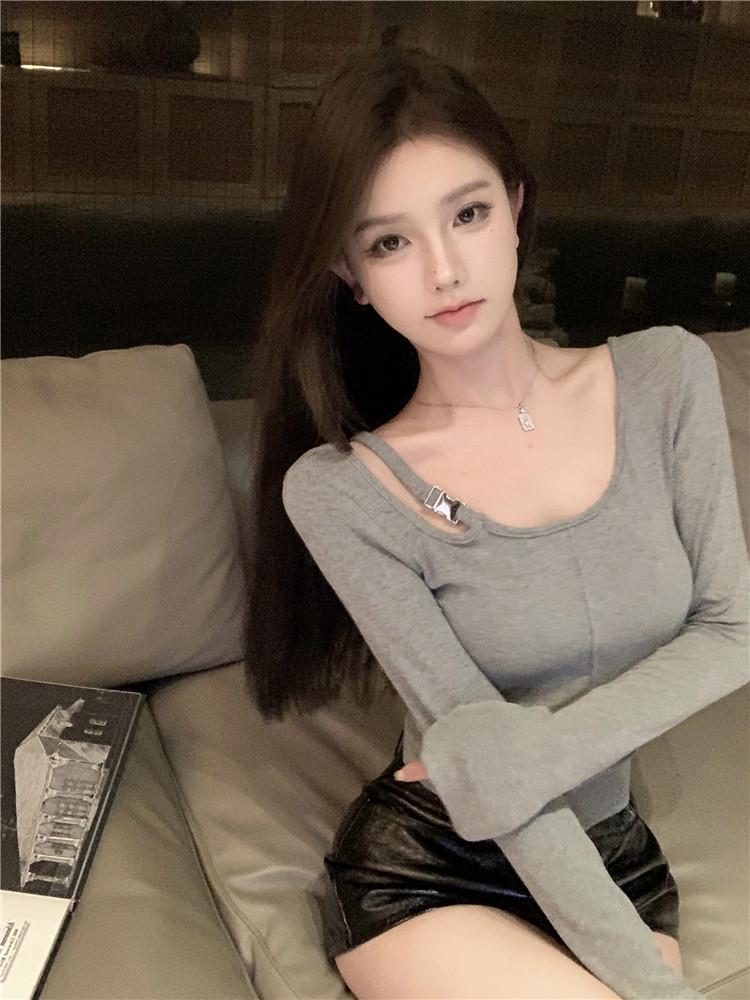 2025 Women's Slimming Solid Color Long Sleeve Cropped Top - Korean Simple Design for Autumn