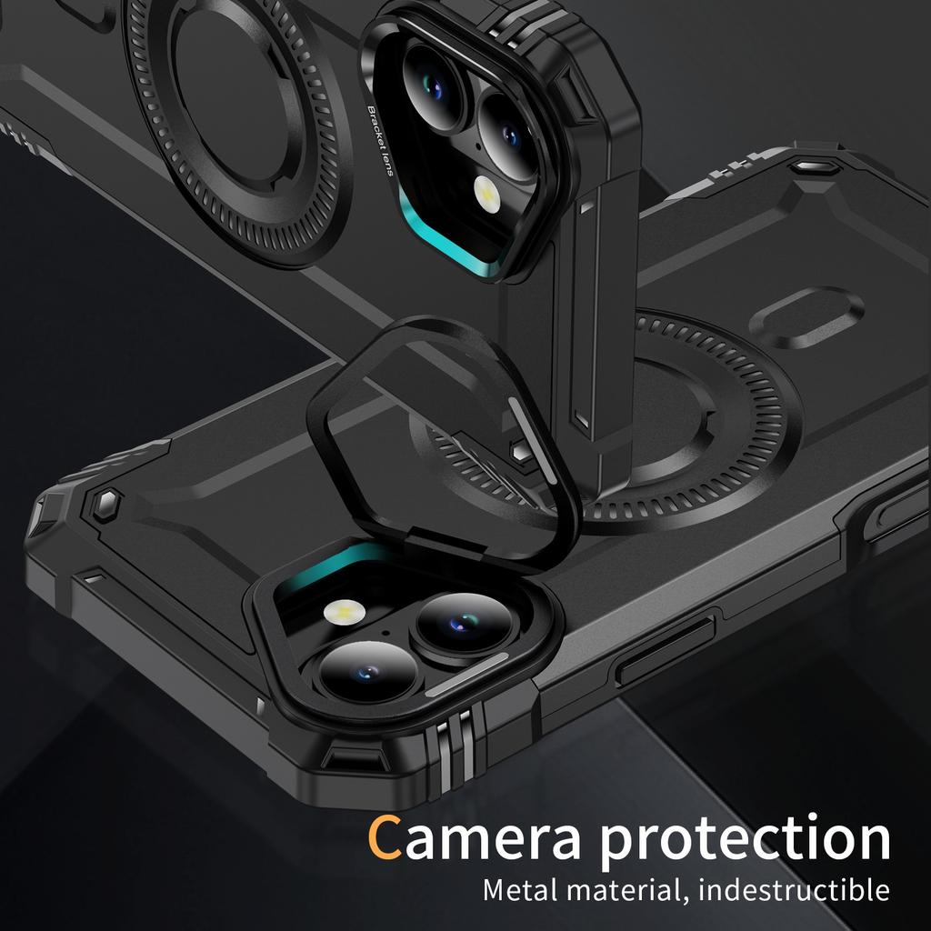 For iPhone 16 Case Compatible with MagSafe Metal Lens Frame Kickstand PC+TPU Mobile Cover