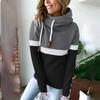 Fashion Womens Loose  Casual Hooded Drawstring Stitching Collision Color Long Sleeve Sweater