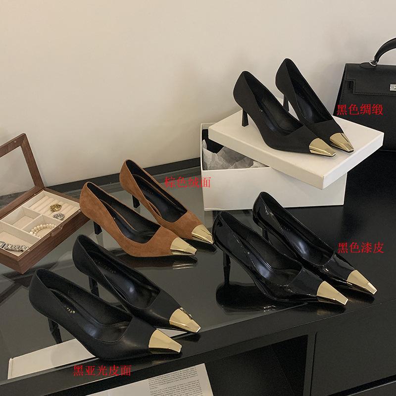2025 New European and American Fashion Pointed High Heels Metal Toe Head 7 Cm Royal Sister Style Temperament Single Shoes