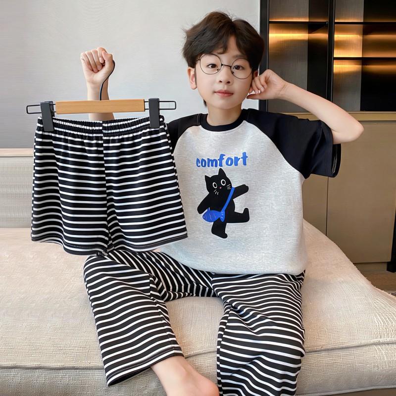 Boys Cotton Pajama Set Short Sleeve Shorts 3-Piece Cartoon Sleepwear Lightweight Home Outfit Kids