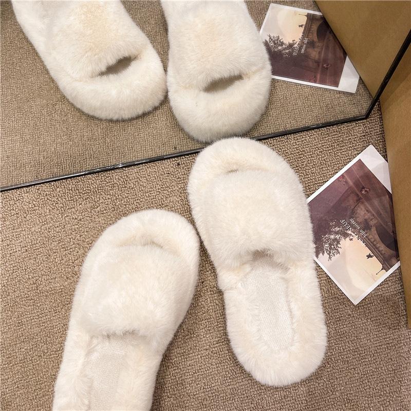 Internet Celebrity One-word Fluffy Slippers Women 2025 Autumn and Winter New Popular Versatile Thick Bottom Heightening Plush Cotton Drag Outside Wear