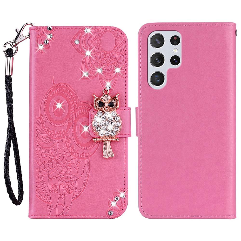 For Samsung Galaxy S24 Ultra Lommebokdeksel Ugle Blomst Imprint Rhinestone Lærdeksel