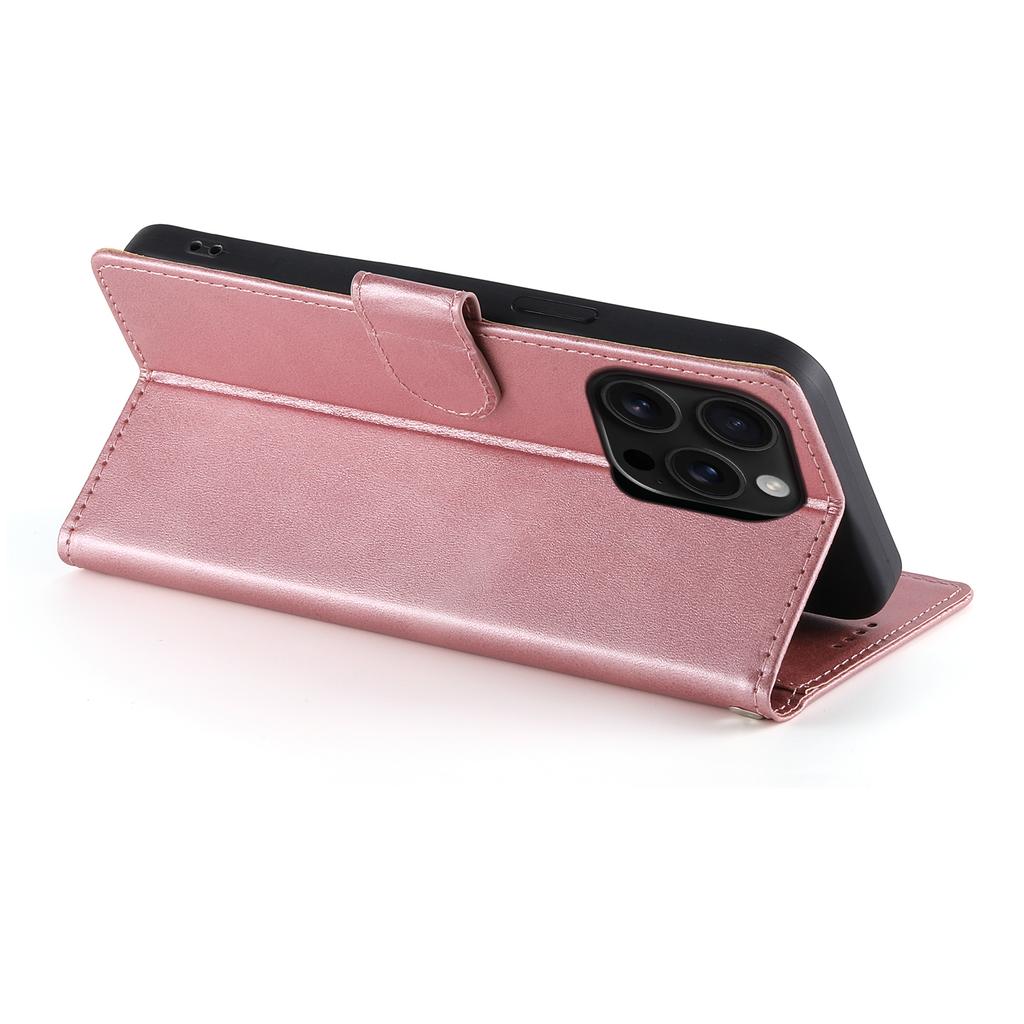 For iPhone 16 Pro Case Stand Wallet Calf Texture PU Leather Flip Phone Cover with Wrist Strap