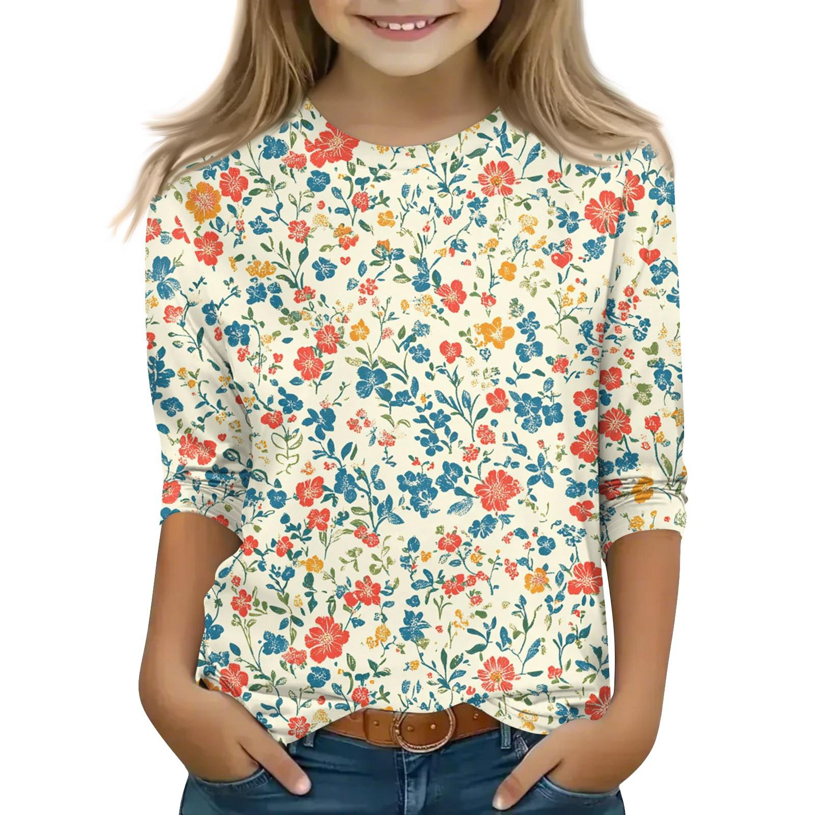 

Топы с принтом для девочек 5-16 лет с круглым вырезом и рукавами 3/4 Футболки Модные топы Наряды Футболки 140