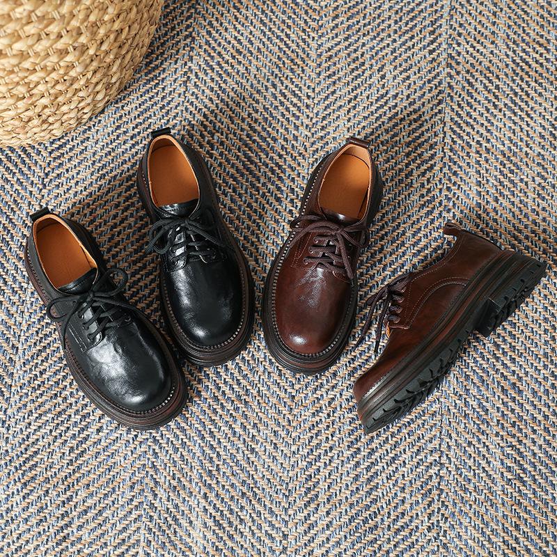 Small Leather Shoes Women's 2025 Spring Lace-up Retro British Style Round Head Thick Heel Single Shoes High-end Polished Loafers
