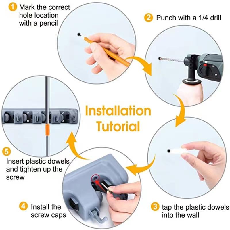 Broom and Mop Holder Wall Mount -Mop and Broom Storage Rack Wall Mounted Utility Rack