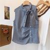 French bow lace-up sleeveless plaid shirt women's new summer tea style chic blouse top