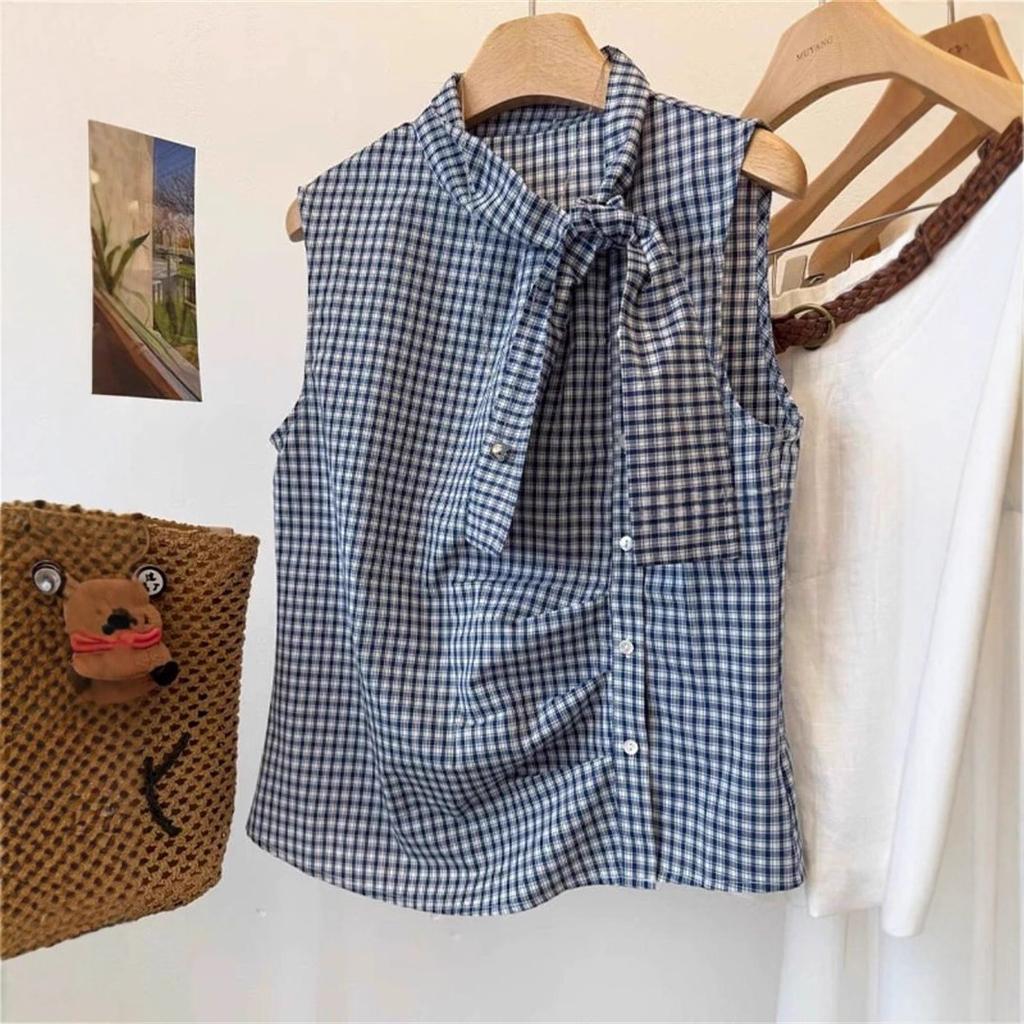 French bow lace-up sleeveless plaid shirt women's new summer tea style chic blouse top