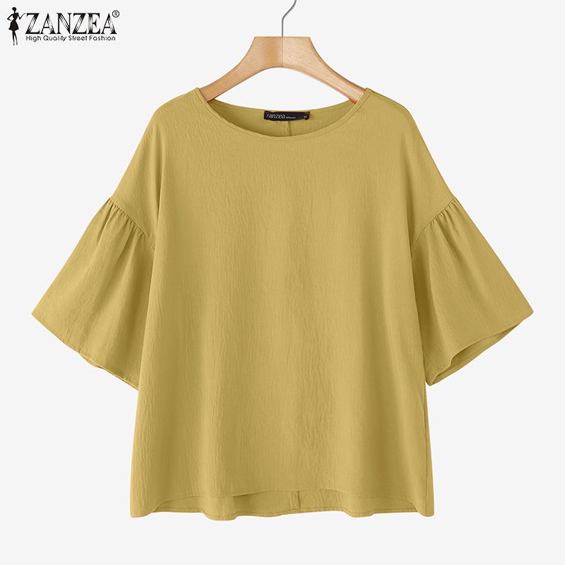 ZANZEA Women Casual Round Neck Solid Color Half Sleeve Blouse