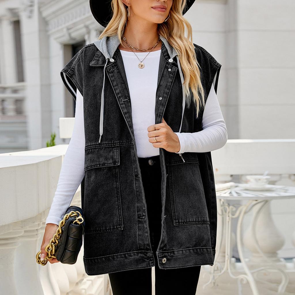 

Women s Casual Denim Vest Vest Large Pocket Sleeveless Hooded Detachable Vest Jacket XS чорний
