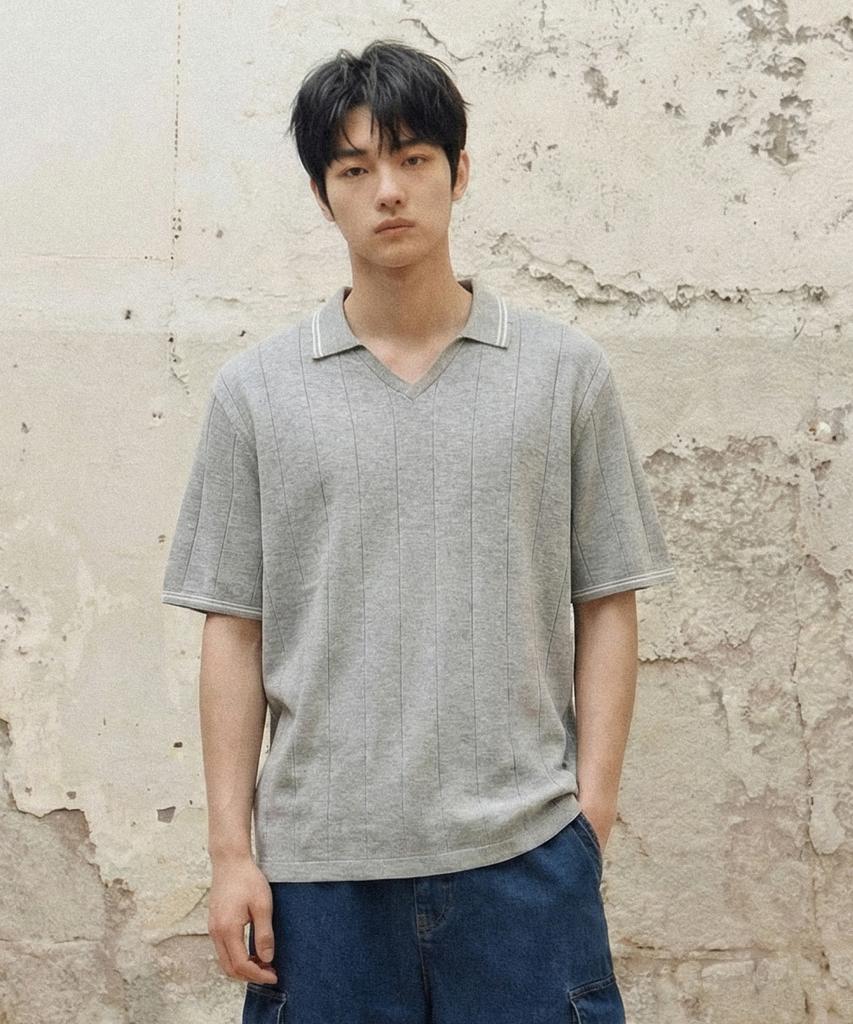 AGOD V-Neck Collared Short-Sleeve Shirt Knit [Heather Grey]