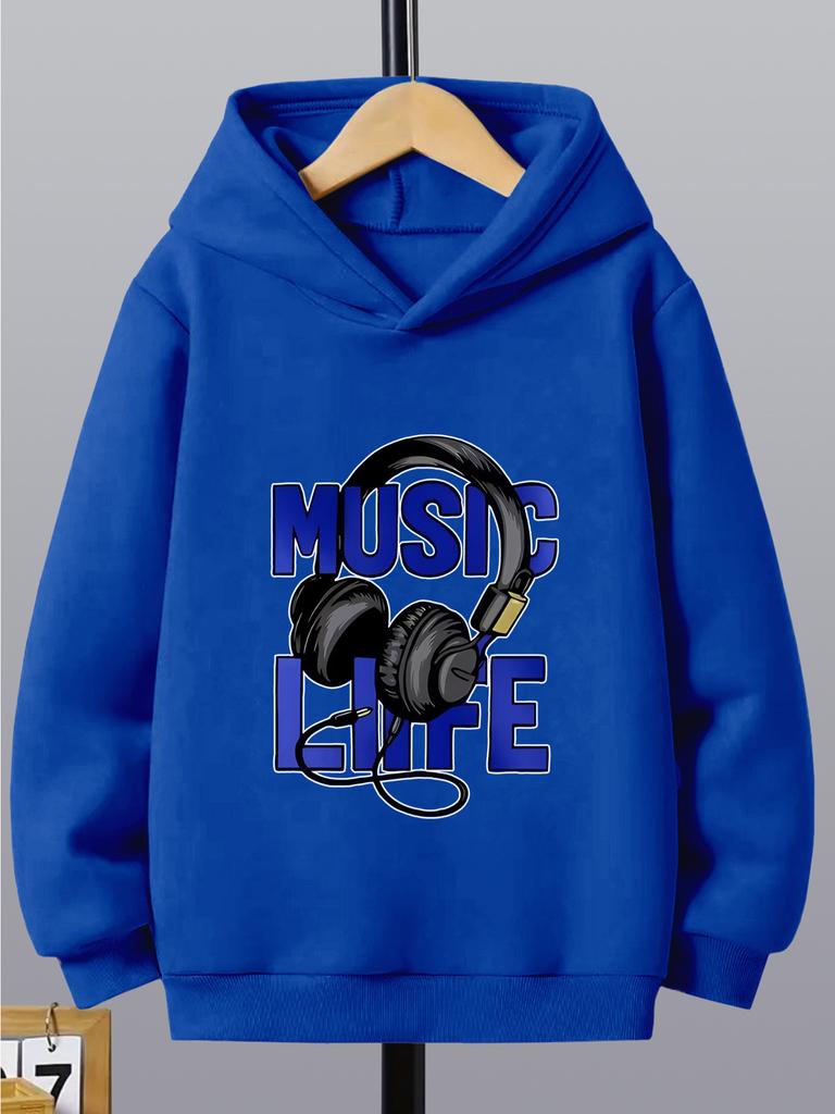 Patterned music-themed headphones, sporty and casual; stylish long-sleeved hoodie, boys' autumn/winter new sweatshirt.
