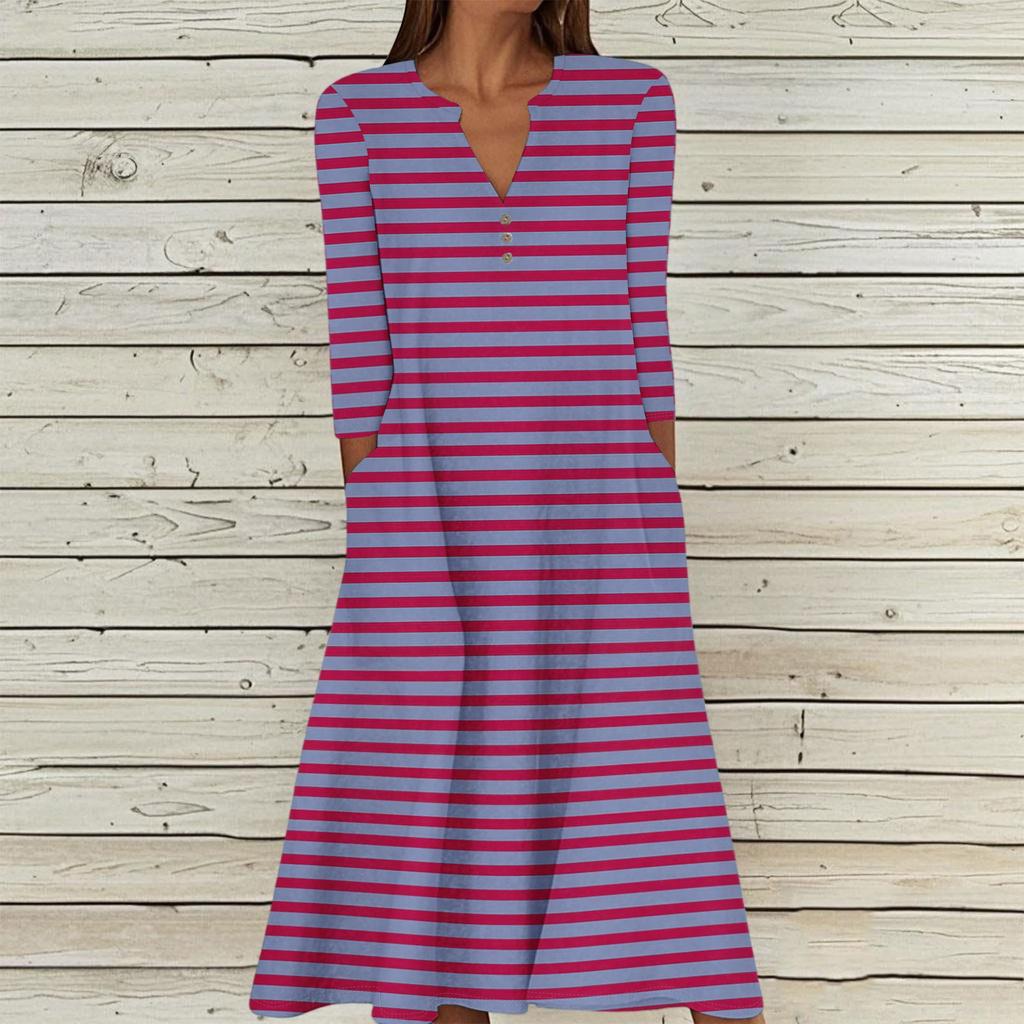 Women's Summer Casual V-Neck Button Stripe Printed Three-quarter Sleeve Long Dress With Pockets
