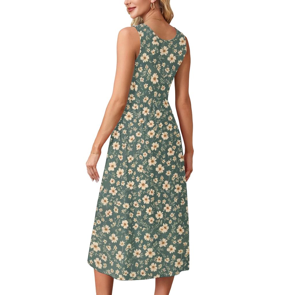Ärmelloses Maxikleid mit Blumenprint für Damen, lässiger lockerer Schnitt, Sommer-Maxikleid mit Taschen, Rundhalsausschnitt