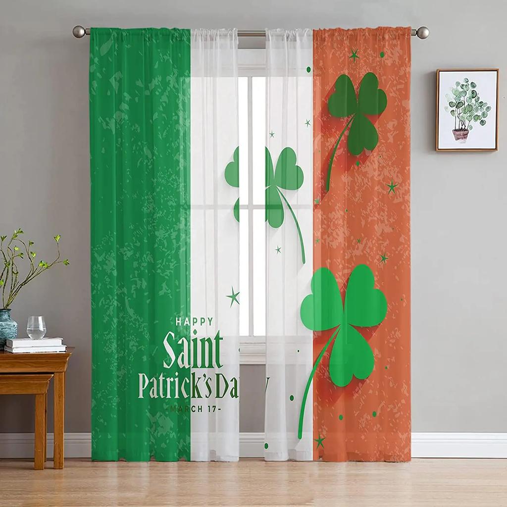 St Patrick Day Clover Lucky Leaves Voile Curtain Living Room Bedroom Kitchen Window Decor Tulle Chiffon Curtains Sheer Polyester Ideal For Area