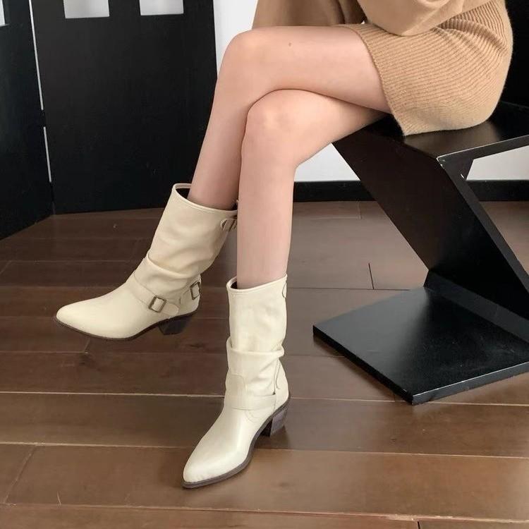 Boots Women's Summer 2025 New Premium Belt Buckle Martin Boots Pointed Thick Heel Pile Boots Western Cowboy Boots
