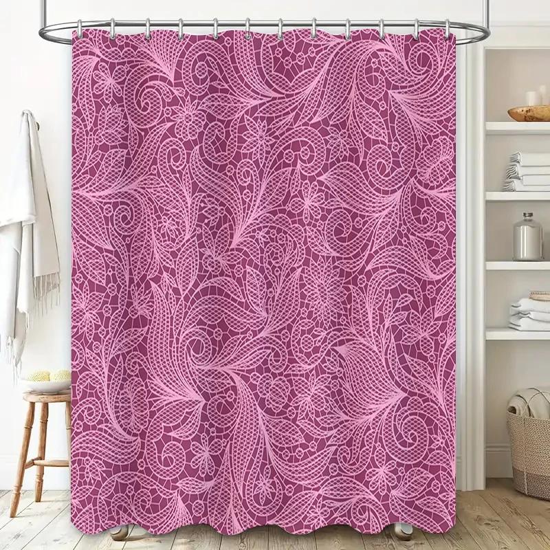 Elegant Pink Lace Shower Curtain Decorative Waterproof Bath Rug Cover Home Decoration