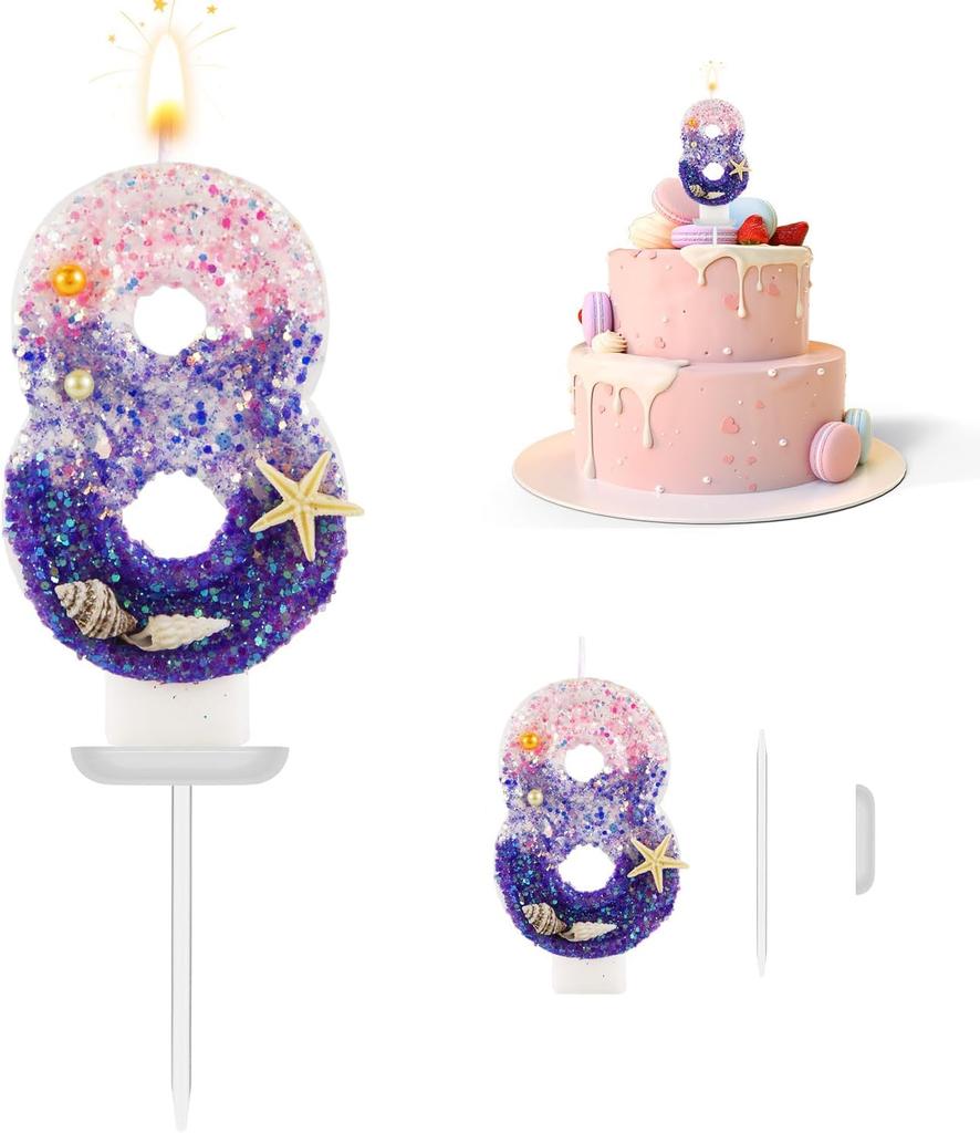 Birthday Number 1 Candles, Mermaid Theme Birthday Candles for Cake, Pink Purple Numeral Candle Cake Topper with Sequins