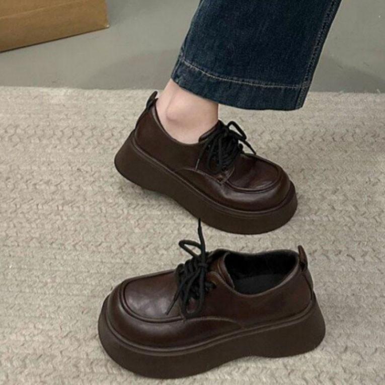 British Style Big Head Small Leather Shoes Women's 2025 Spring and Autumn New Black Lace-up Loafers Retro Versatile Platform Single Shoes