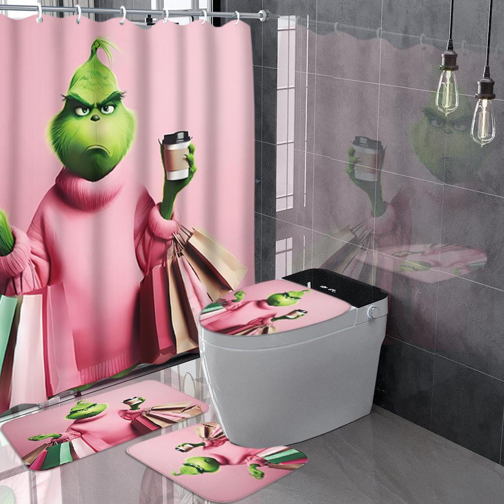 Greentown Series Shower Curtain Floor Mat Four Piece Set, Home Bathroom Dry Wet Separation Partition Shower Curtain Waterproof Shower Curtain