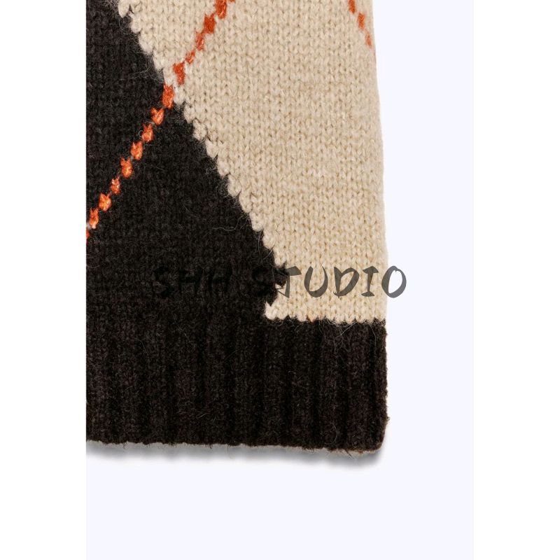 Fall New Women's Clothing American Style Minimalist Round Neck Sleeveless Diamond Pattern Knitting Vest Style Tops 6771110