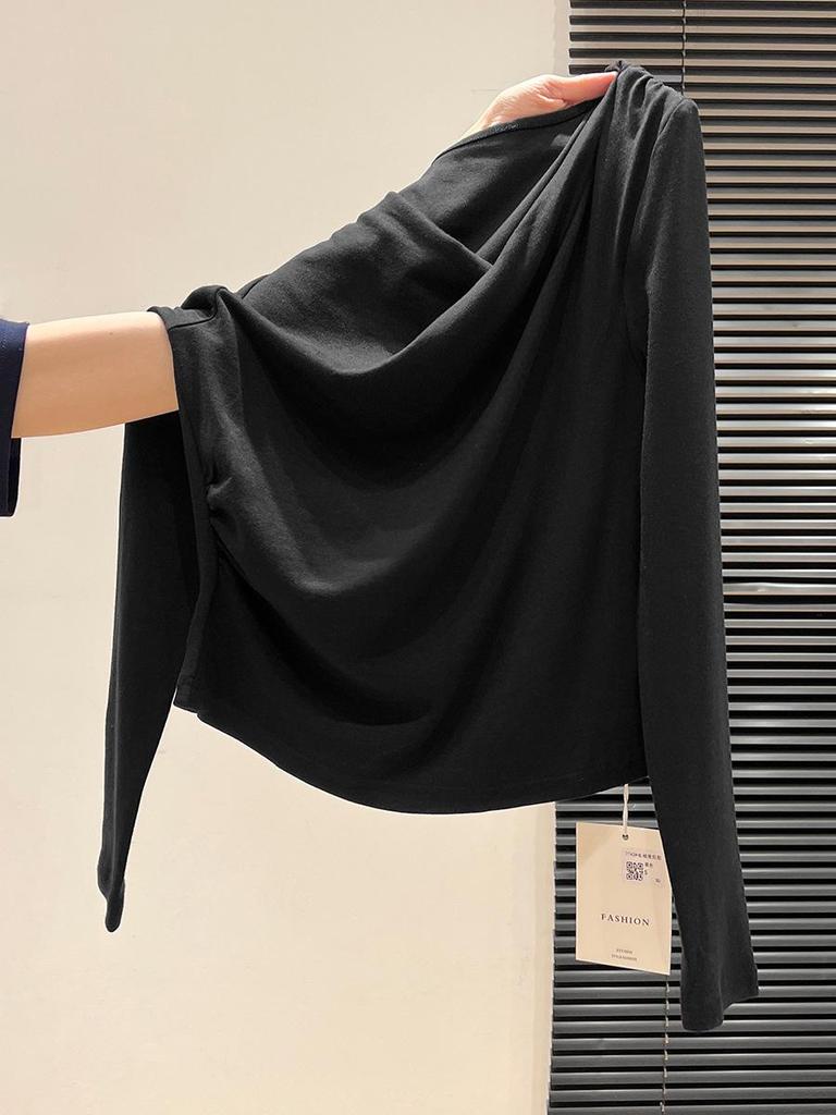 Women's Pink Asymmetrical Off-Shoulder Long-Sleeve T-Shirt - 2025 Autumn Slim-Fit