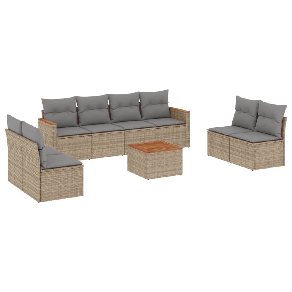 Vidaxl 9-Cz. Gartenmöbel-Set mit Kissen, Beige, Polyrattan