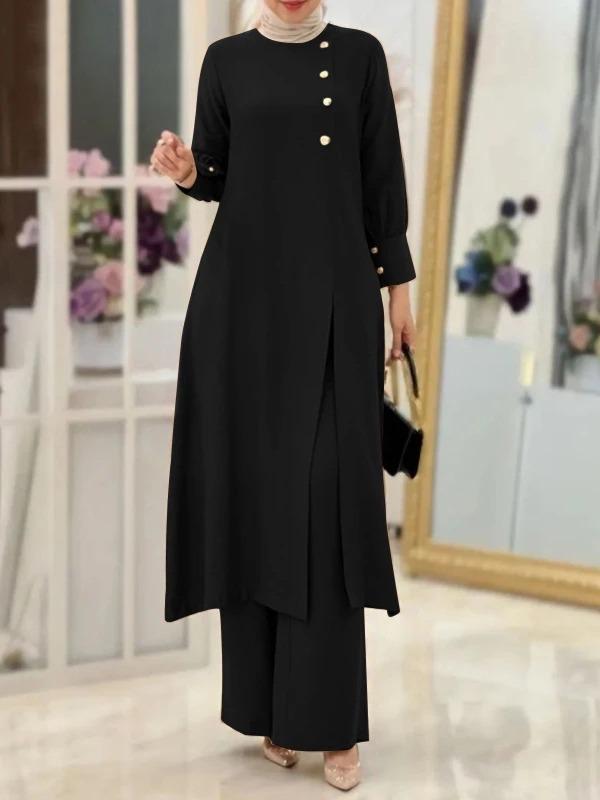 H718 Elegant Two-Piece Muslim Women's Suit: Irregular Long Shirt with Wide-Leg Pants