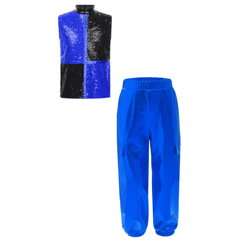 Costume da Danza Jazz Metallico per Ragazzo Collo Alto Senza Maniche Zip Posteriore Paillettes Lucide Blocco di Colore Top Pantaloni Cargo