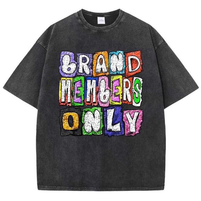 Cotton Womens Acid Wash T-Shirts Brand Members Only Letter Printed Tees Distressed Crewneck Oversized Tops Female Clothes