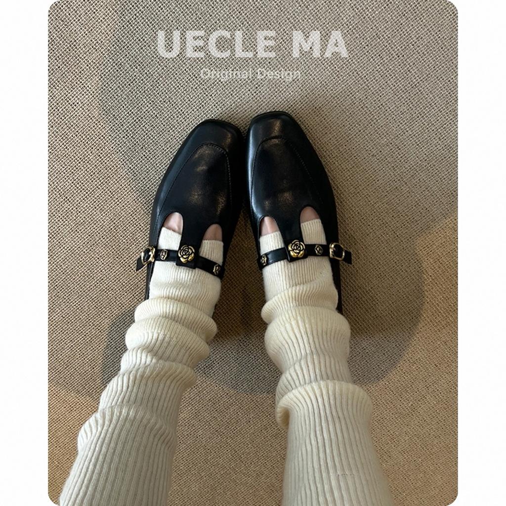 Super soft lambskin~ Retro Mary Jane shoes women's leather square head t-shaped loafers black French flat shoes