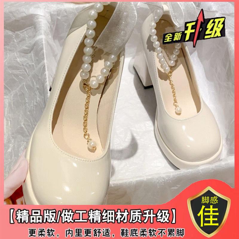 

Жіночі туфлі на високих підборах з товстим каблуком, нові весняні туфлі 2025 року з перлинним бантом, ніжні, у стилі феї, французькі туфлі Мері Джейн 42