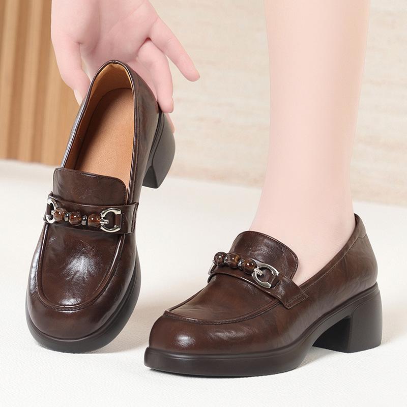 Mocassini in Pelle Morbida con Suola Morbida per Donne di Mezza Età, Scarpe in Pelle con Suola Spessa per la Primavera, Scarpe Singole da Donna Versatili con Tacco Chunky