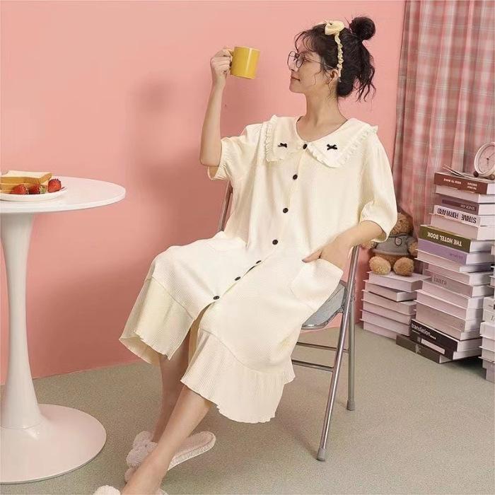 

Yizhili] Milk silk pit strip nightdress women s summer short-sleeved doll collar lace loungewear set M-XXL, M