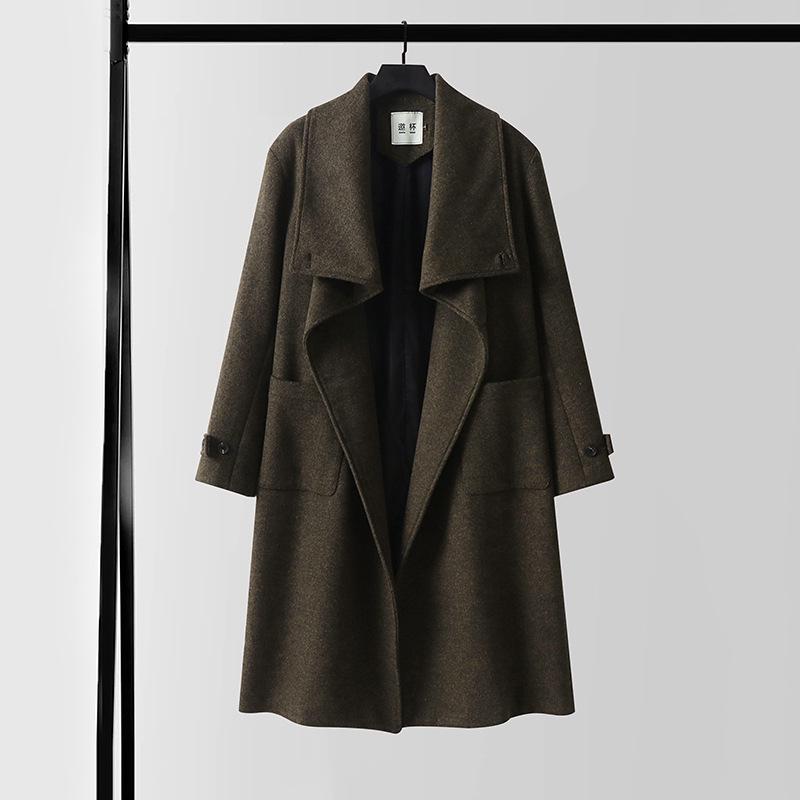 Men's Asymmetrical Long Cashmere Coat with Stand Collar and Belt - Plus Size, Loose Fit Outerwear for Autumn and Winter.