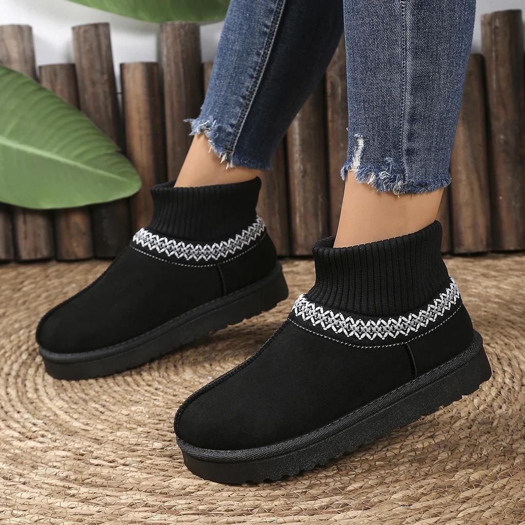 Classic Suede Non Slip Snow Boots Women Winter Soft Thick Bottom Cotton Ankle Boots Warm Plush Embroidery Decoration Shoes