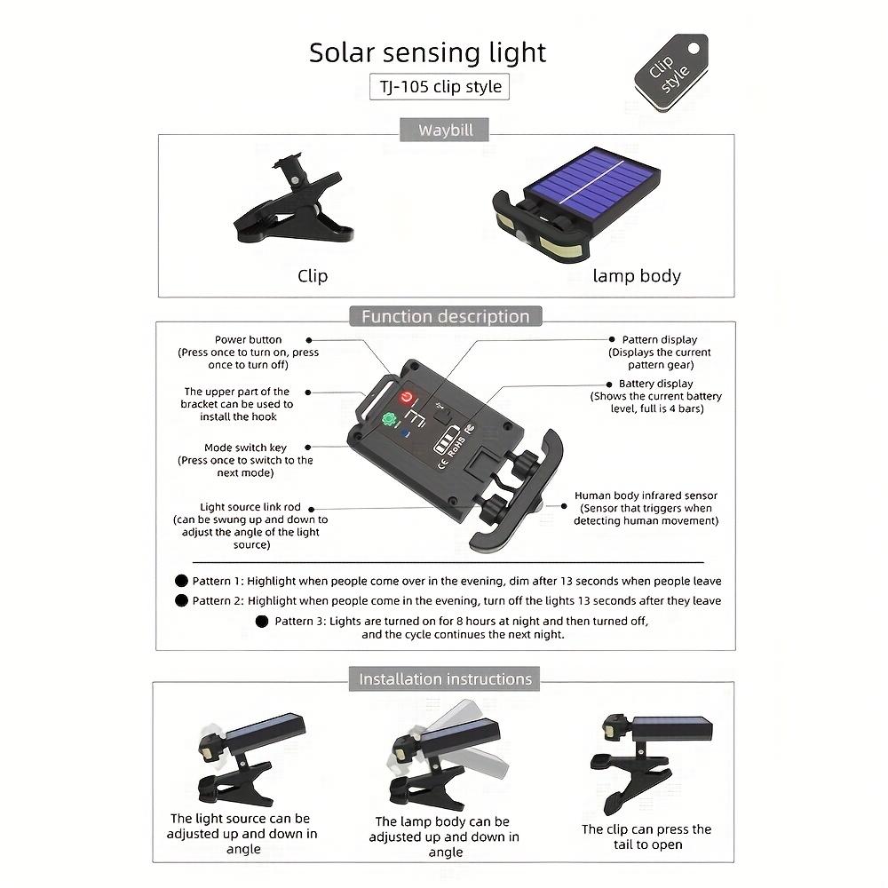 Outdoor Solar Clip Light with Motion Sensor Induction Adjustable Angle Power Mode Display