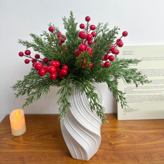 30/45Pcs Artificial Norfolk Pine Branch Christmas Red Berry Picks Faux Greenery Stem DIY Crafts Vase Garland Wreath Holiday Party Home Decoration