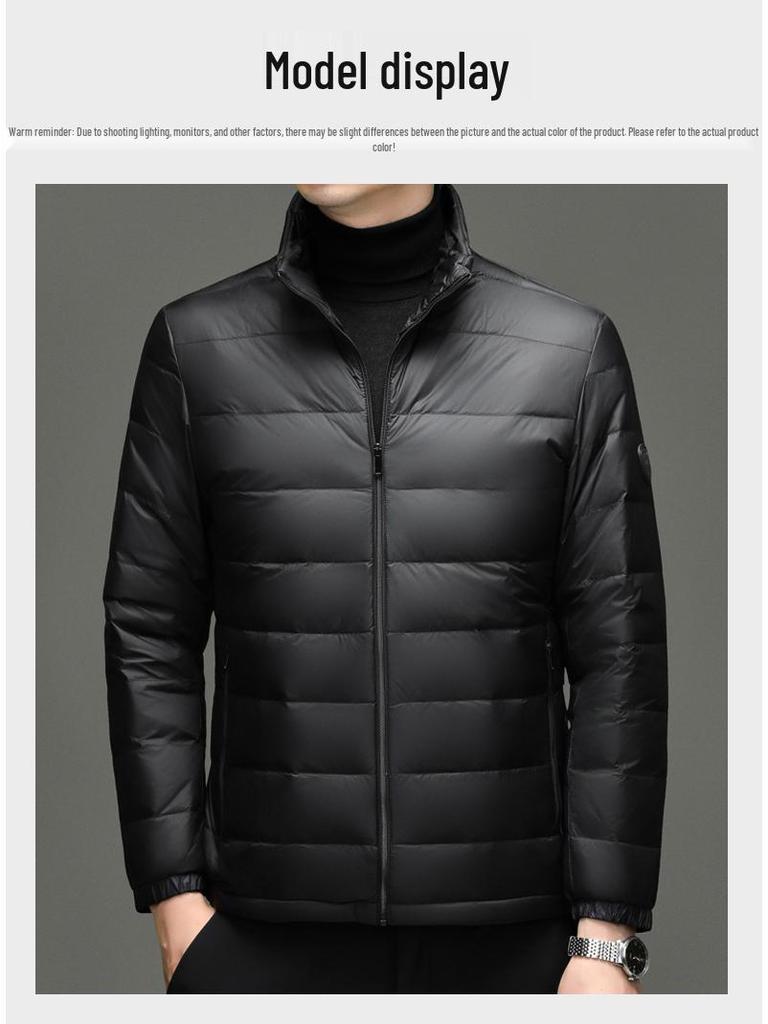 Men's Lightweight Stand Collar Down Jacket - Warm, Trendy, Versatile, Casual Dad Style, Winter Coat with 90% White Duck Down.