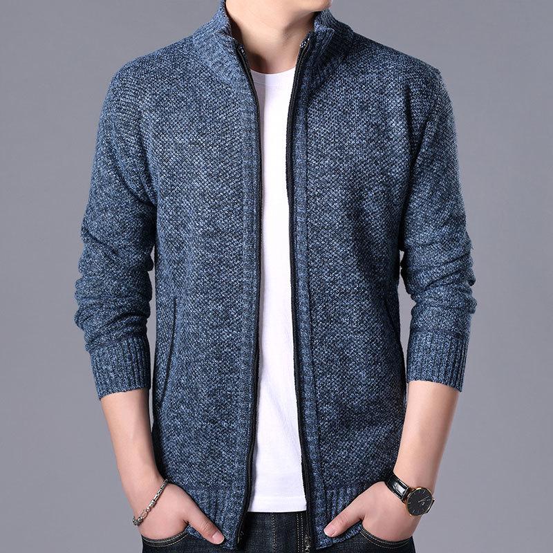 Men's Korean Style Loose Plus Size Fleece-Lined Cardigan Sweater - Solid Color, Autumn/Winter