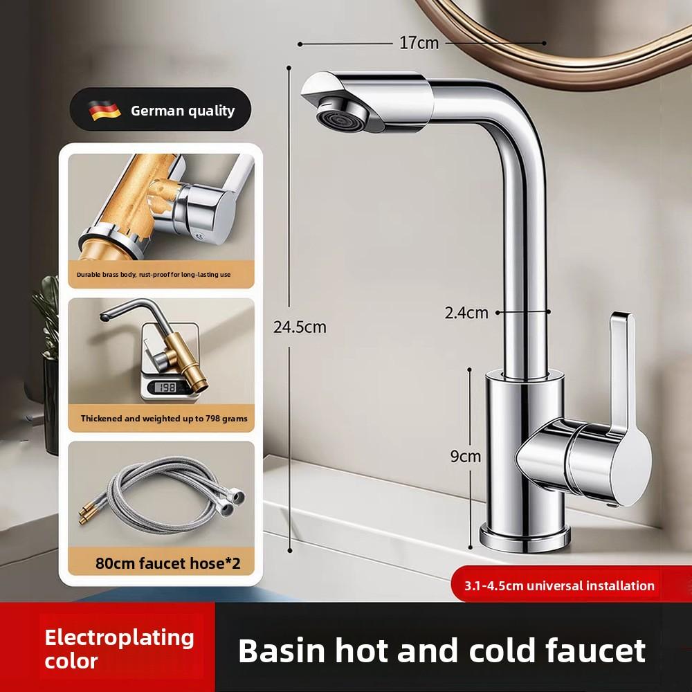 Robinet Mitigeur Froid pour Lavabo Couleur Gris Pistolet Rotation 360° Laiton Massif Robinet de Lavabo de Salle de Bain Poignée Unique Avec Tuyaux de 80 cm argenté